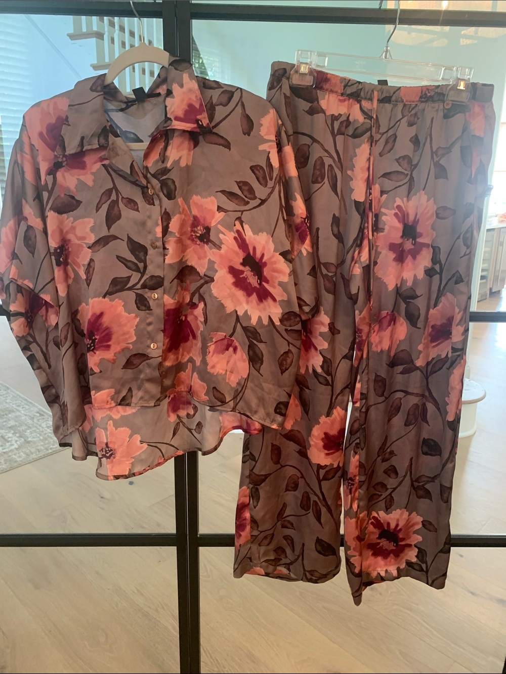 MIDNIGHT BAKERY Pink Floral Satin Button-Up Shirt with Matching Pants